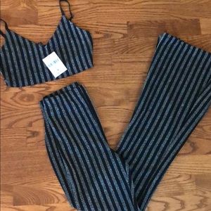 Two piece set, black and glitter silver pin stripe